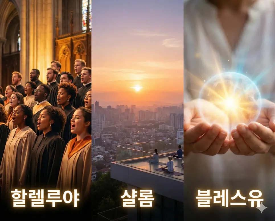 기쁨의 찬양, 평화의 인사, 축복의 나눔을 통합적으로 보여주는 시각 자료