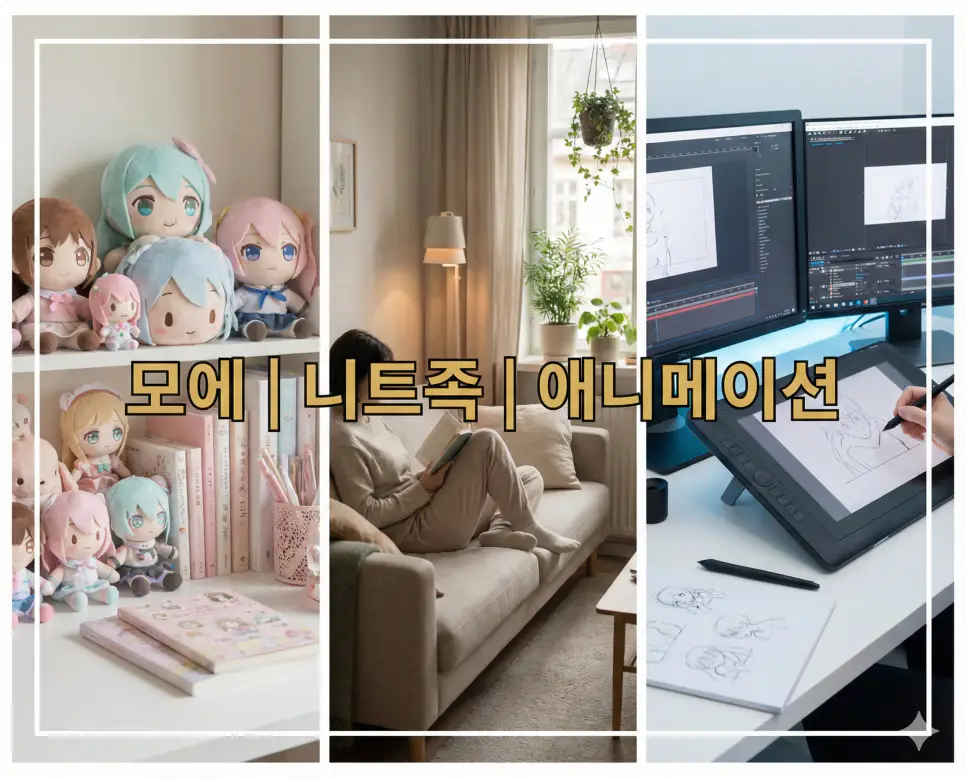 모에 뜻, 니트족 뜻, 애니메이션 뜻 등 일본의 현대 문화와 사회 키워드를 한눈에 확인하기 좋게 정리한 통합 가이드 이미지입니다.