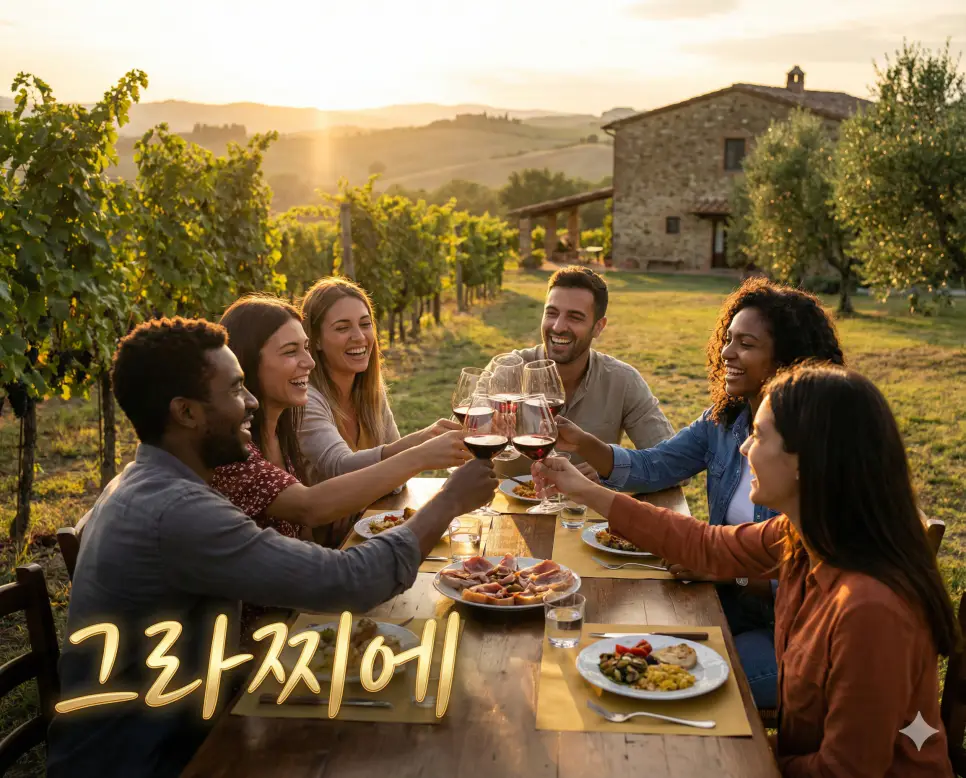 이탈리아어로 열정적이고 리드미컬한 감사를 담은 그라찌에 뜻과 지중해의 풍요로운 에너지를 담은 사진