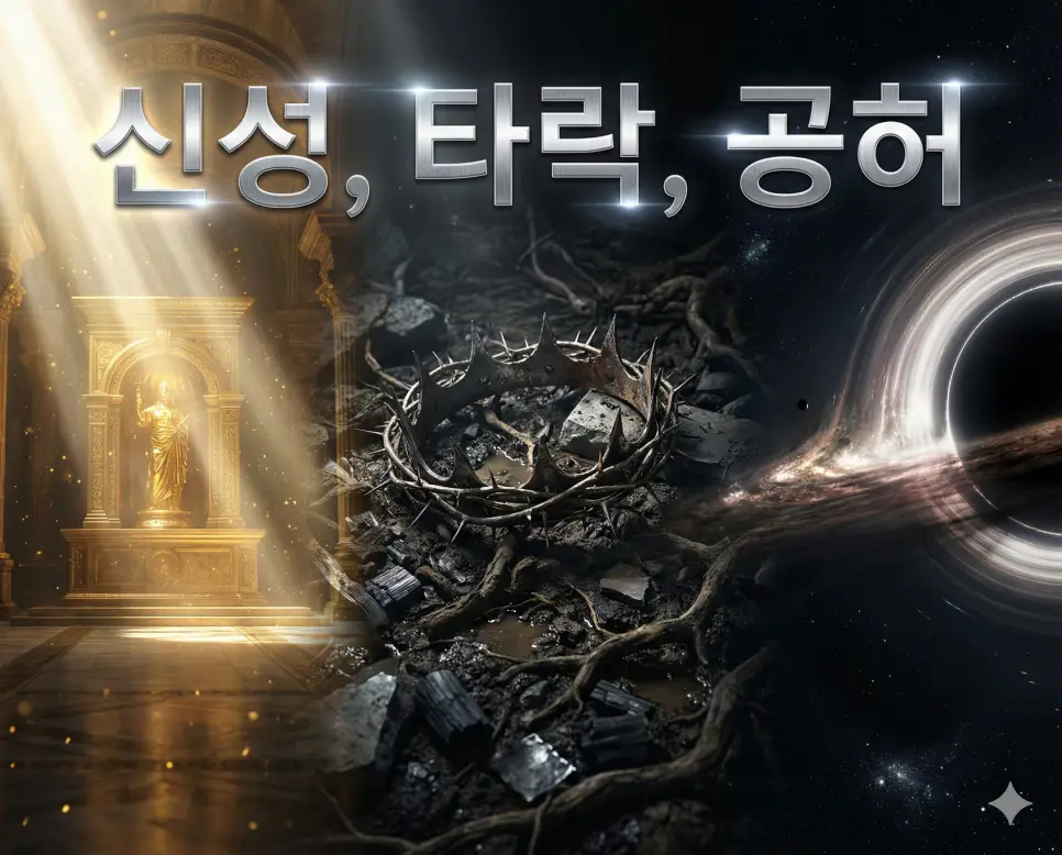 신성, 타락, 공허의 개념과 그 상반된 분위기를 세련된 구도로 통합한 종합 가이드 이미지