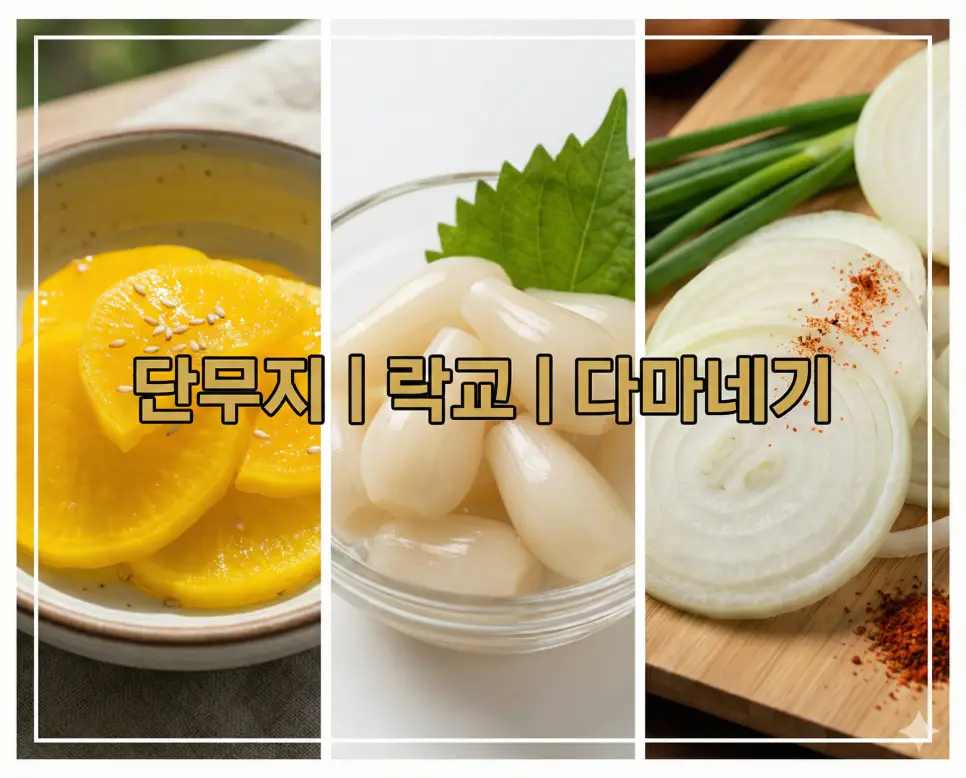 단무지 뜻, 락교 뜻, 다마네기 뜻 일식 필수 곁들임 키워드를 한눈에 확인하기 좋게 정리한 통합 가이드 이미지입니다.