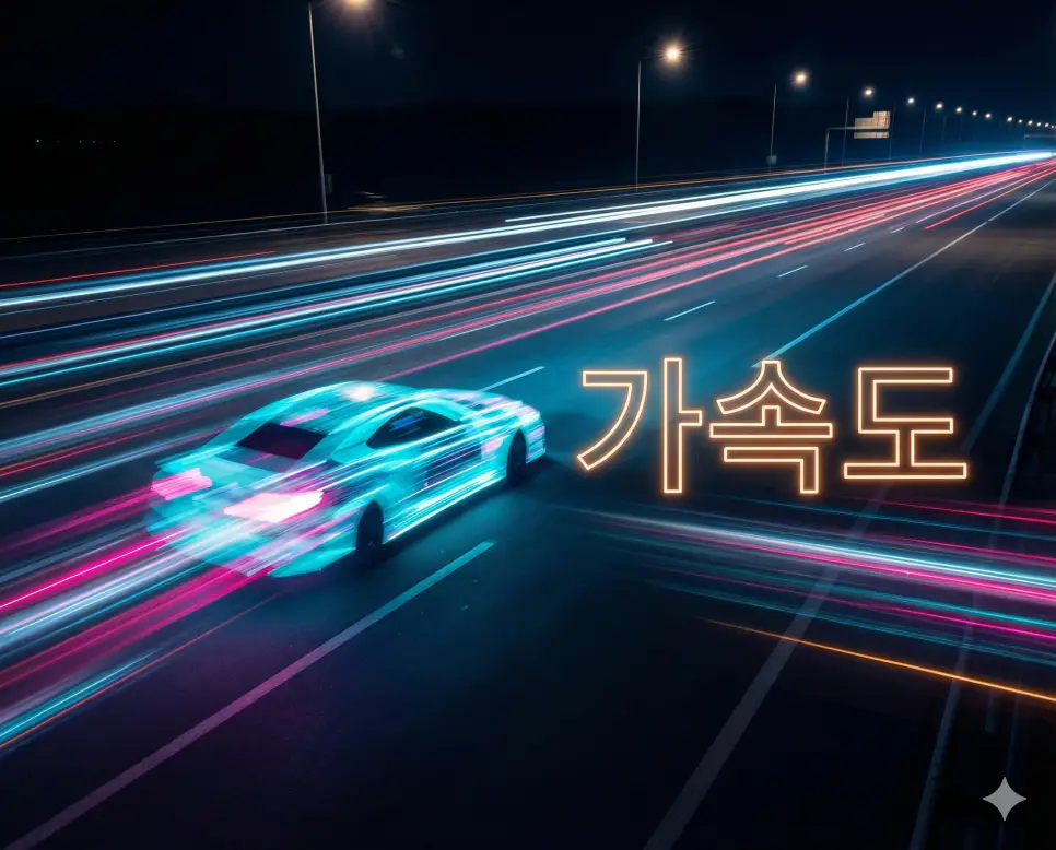 가속도 뜻인 시간에 따라 속도가 변하는 정도를 역동적인 빛의 흐름으로 시각화한 이미지