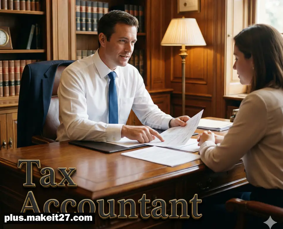 납세자의 권익을 보호하고 절세 전략을 제시하는 세무사의 상담 모습과 품격 있는 영문 로고