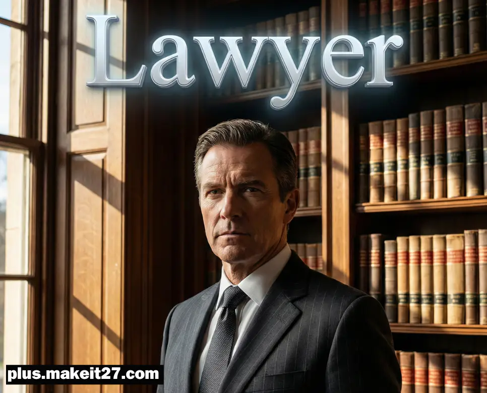 법의 정의를 수호하고 의뢰인을 대변하는 변호사의 카리스마 있는 모습과 고급스러운 영문 디자인