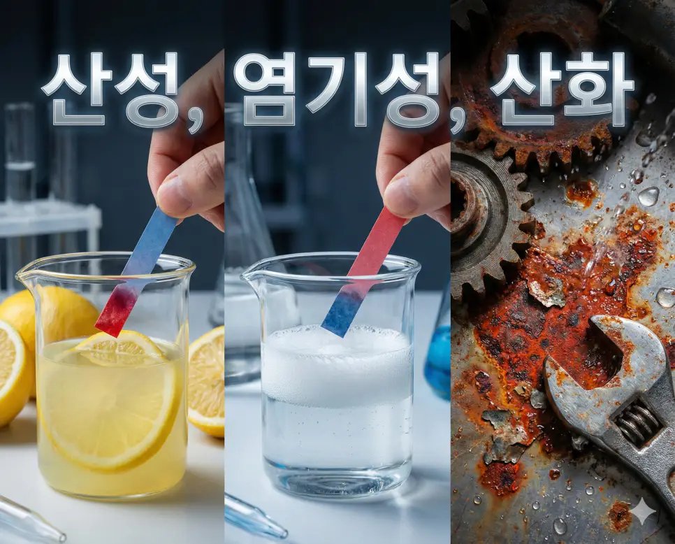 산성, 염기성, 산화의 개념과 화학적 변화를 세련된 구도로 통합한 종합 가이드 이미지