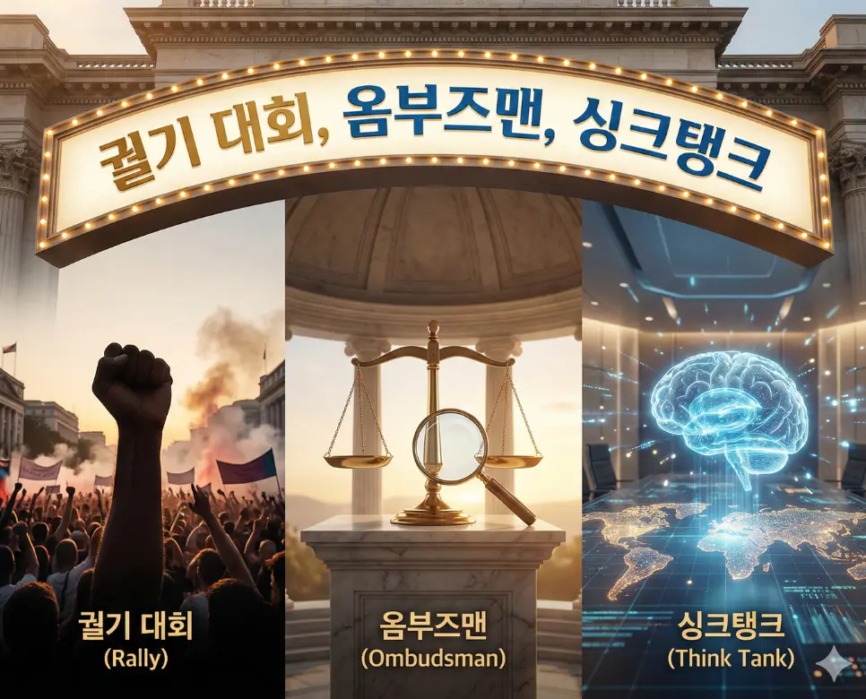 궐기 대회, 옴부즈맨, 싱크탱크 뜻을 한데 모아 행동과 감시, 그리고 지성의 조화를 표현한 종합 이미지