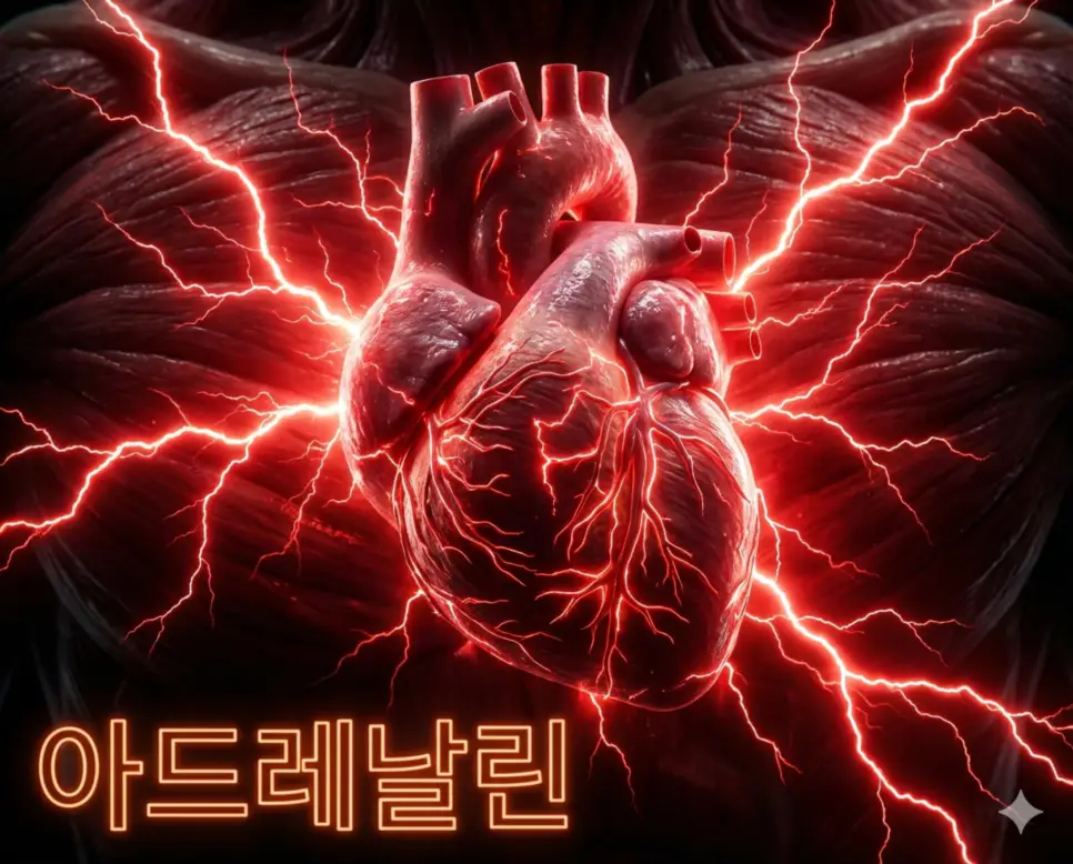 긴급 상황에서 신체 능력을 폭발적으로 끌어올리는 아드레날린의 강력한 에너지를 묘사한 이미지