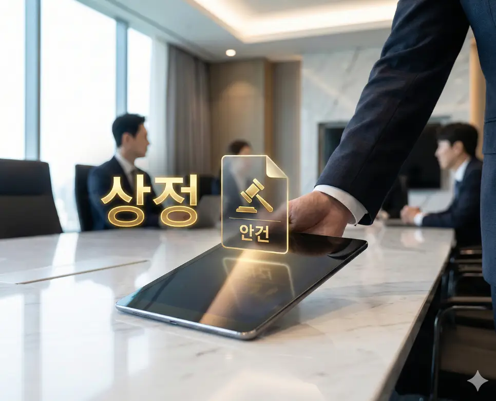 상정 뜻을 상징하는 중요한 안건을 회의의 정식 논의 주제로 올리는 프로페셔널한 순간