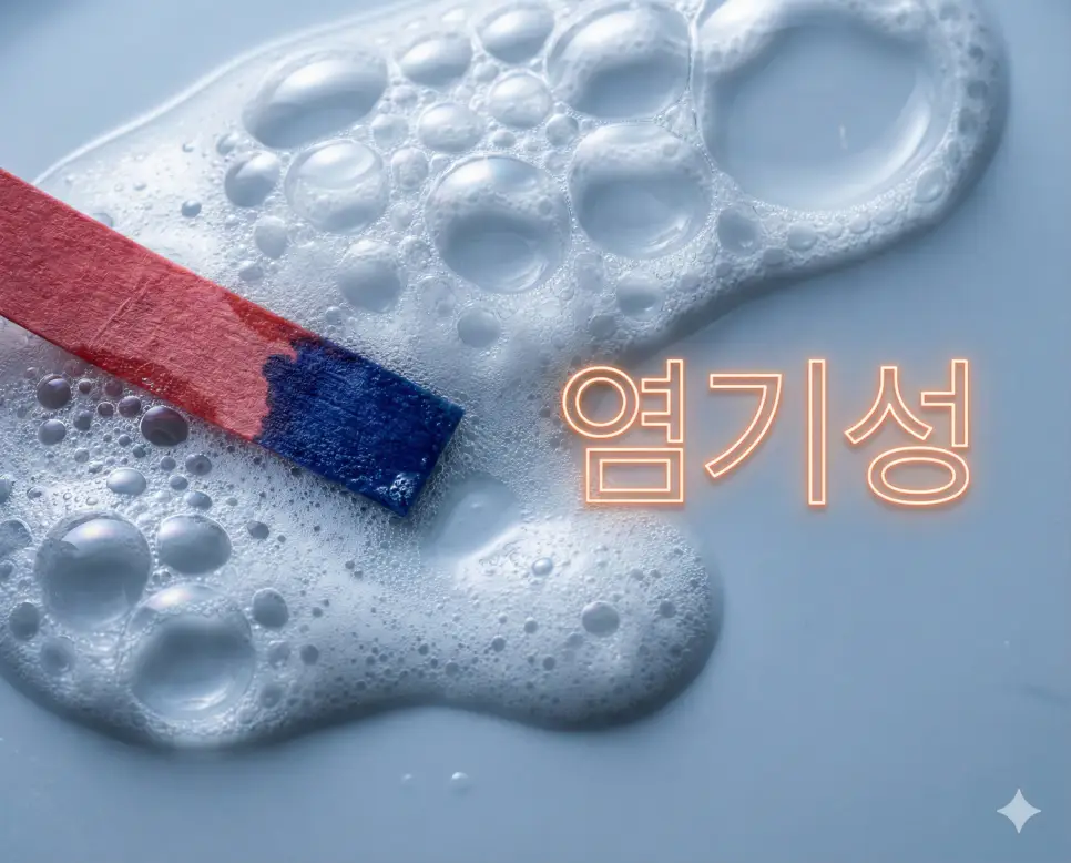 염기성 뜻인 수산화 이온을 내놓으며 단백질을 녹이는 성질을 비누 거품과 반응색으로 표현한 실사 이미지