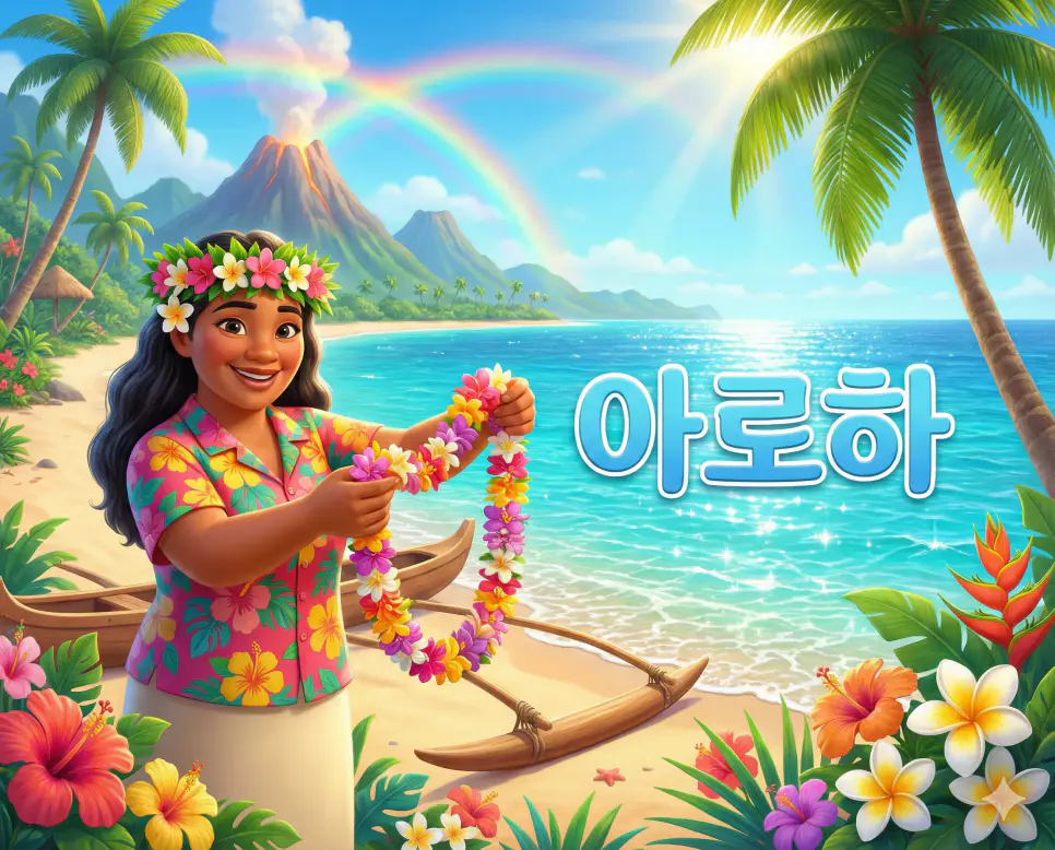 하와이어로 사랑과 평화, 환영을 뜻하는 아로하 뜻과 휴양지의 여유로운 감성을 표현한 따뜻한 스타일의 이미지