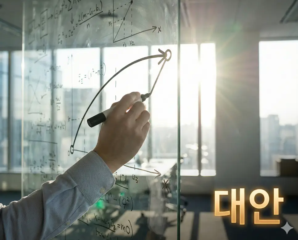 대안 뜻을 상징하는 기존의 틀을 깨고 새로운 해결책을 제시하는 혁신적인 순간의 모습