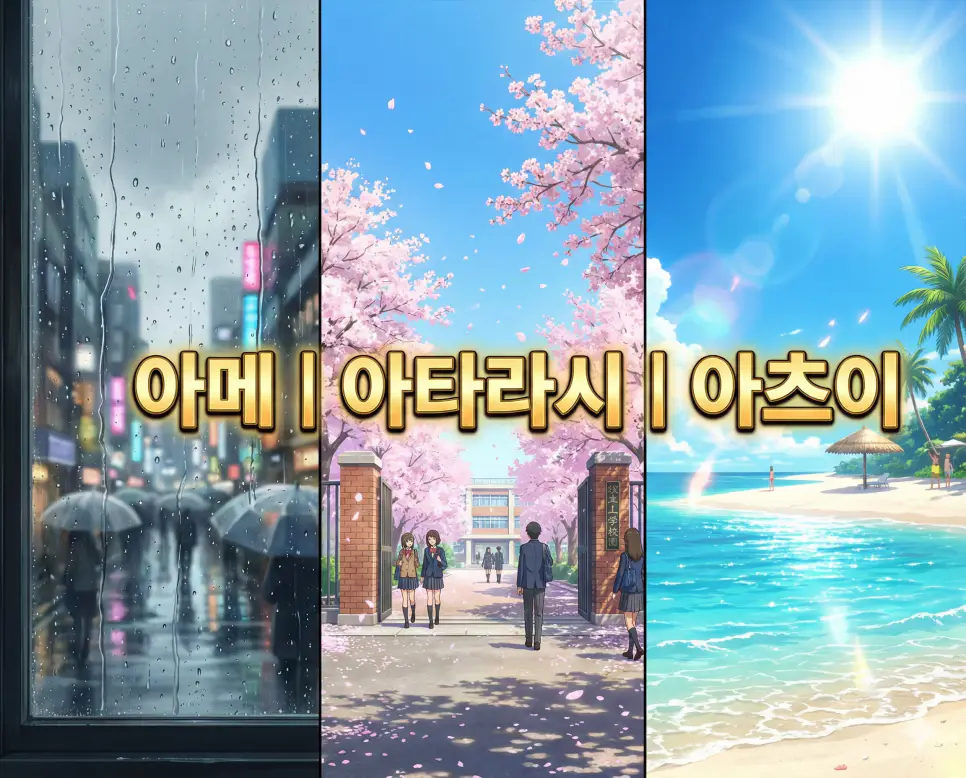 아메 뜻, 아타라시 뜻, 아츠이 뜻 등 일상의 감각을 담은 일본어 키워드를 한눈에 확인하기 좋게 정리한 통합 가이드 이미지입니다.