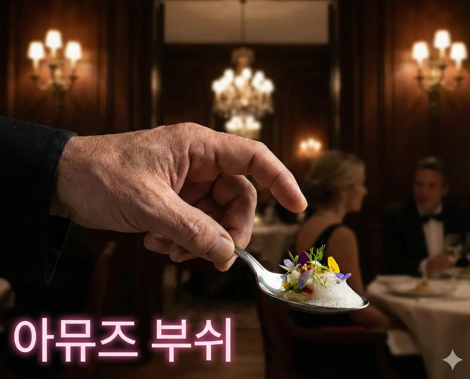 아뮤즈 부쉬 뜻을 상징하는 식욕을 돋우는 화려한 한 입 거리 요리와 셰프의 섬세한 손길