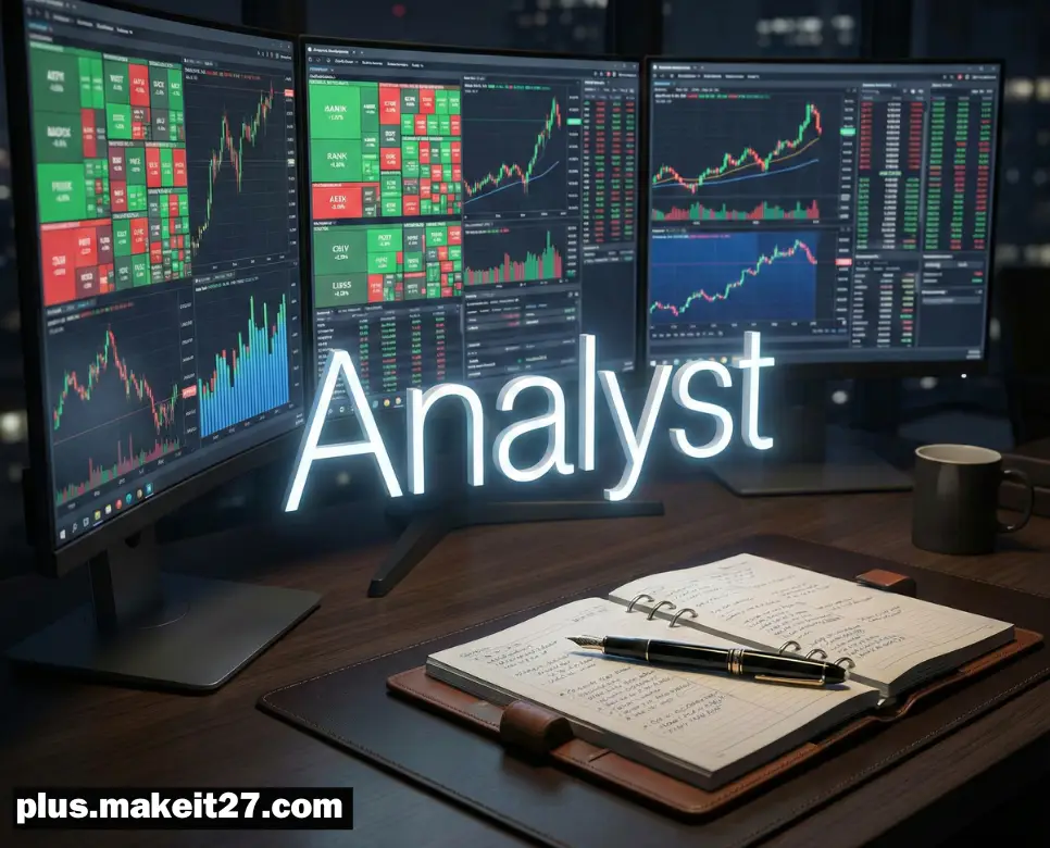 방대한 데이터 속에서 미래의 흐름을 읽어내는 애널리스트의 작업 데스크와 지적인 영문 디자인