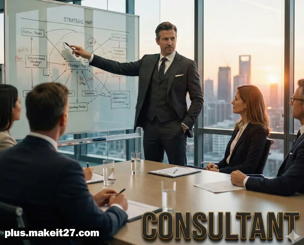 명쾌한 해답과 전략적 방향을 제시하는 컨설턴트의 카리스마 있는 모습과 품격 있는 영문 로고