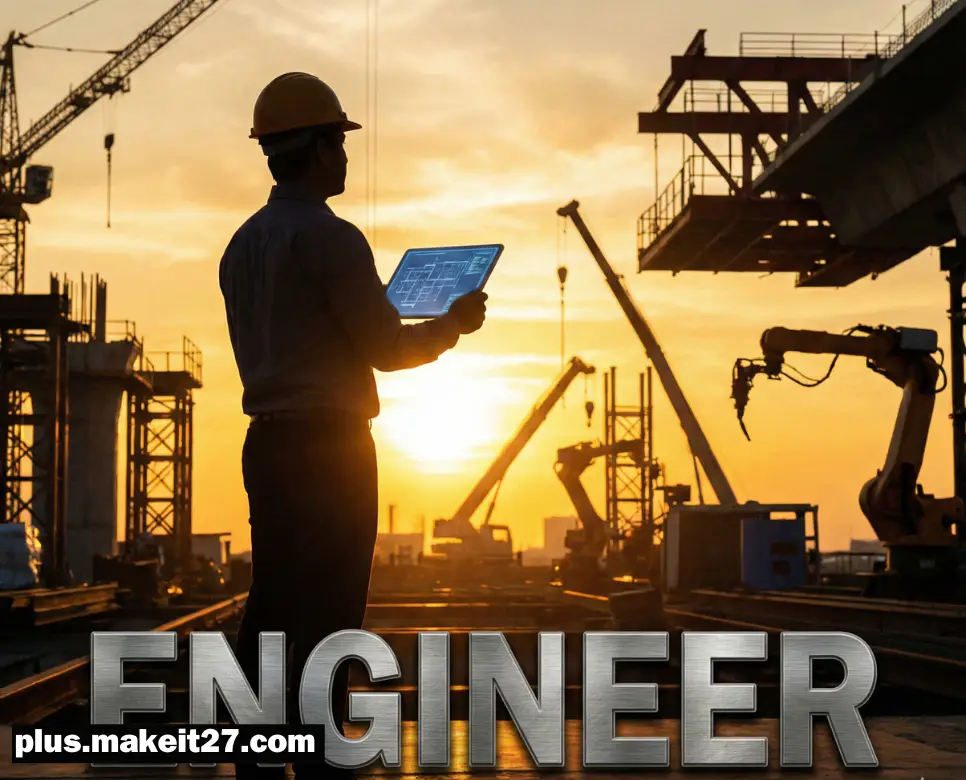 세상을 연결하는 가치를 설계하고 구축하는 엔지니어의 전문적인 모습과 강렬한 영문 타이포그래피