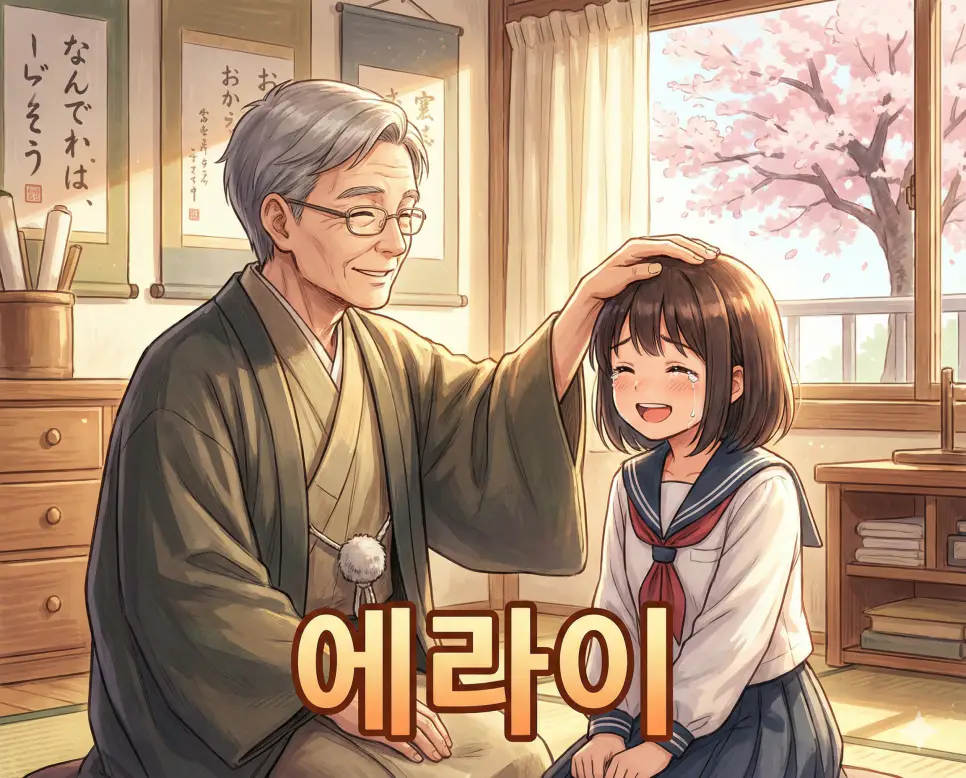 장하고 훌륭하다는 의미의 따뜻한 칭찬 표현인 에라이 뜻과 분위기가 잘 표현된 세련된 애니메이션 스타일의 이미지입니다.