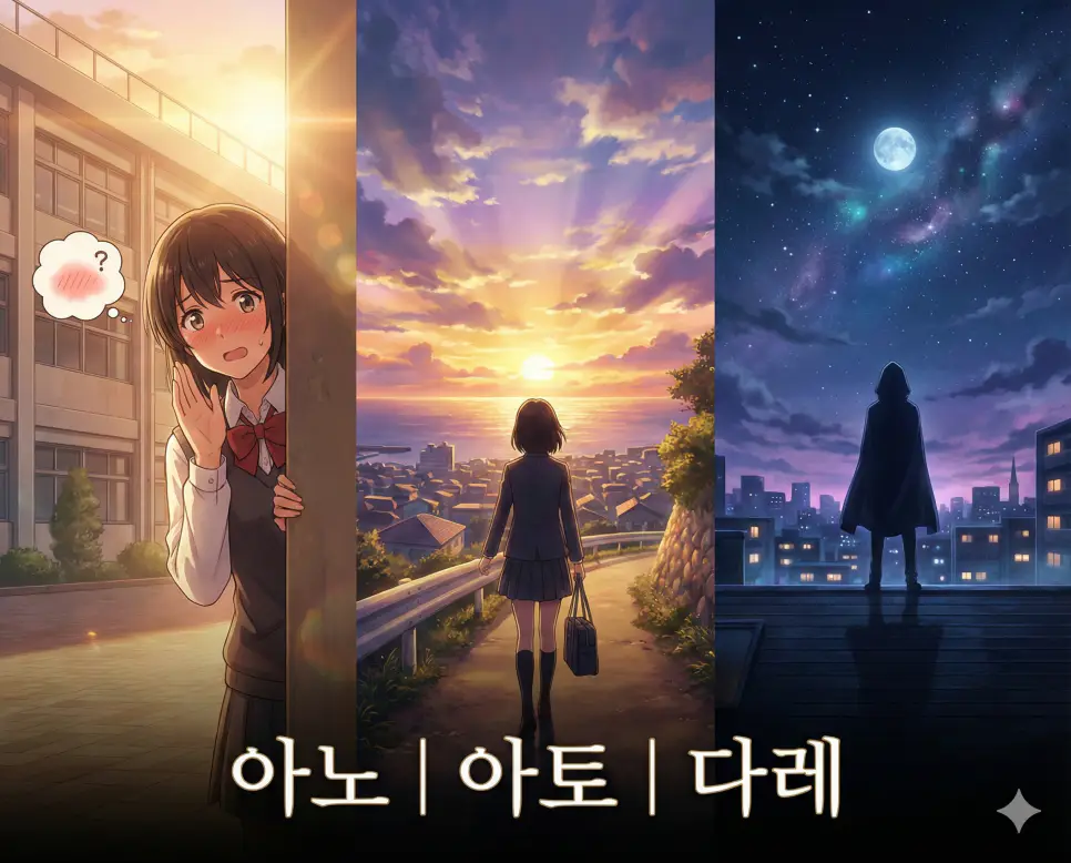 아노 뜻, 아토 뜻, 다레 뜻 등 대화의 시작과 시간의 흐름, 의문을 담은 일본어 키워드를 고퀄리티 애니메이션 스타일로 구성한 통합 가이드 이미지입니다.