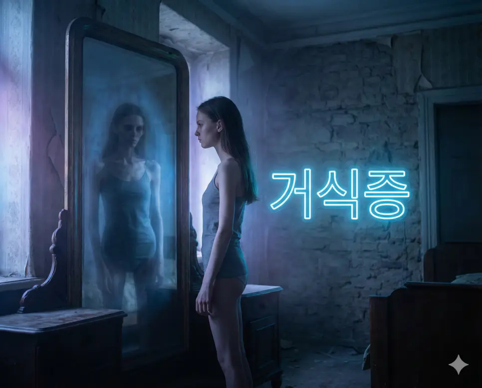 음식을 거부하거나 체중 증가에 대한 극심한 공포를 느끼는 섭식 장애인 거식증을 표현한 이미지