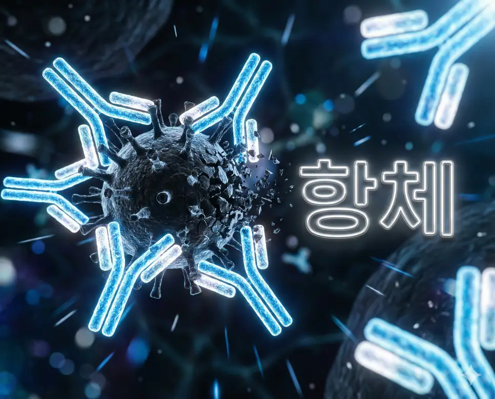 외부 항원으로부터 우리 몸을 지키는 면역 체계의 핵심인 항체의 방어 작용 이미지