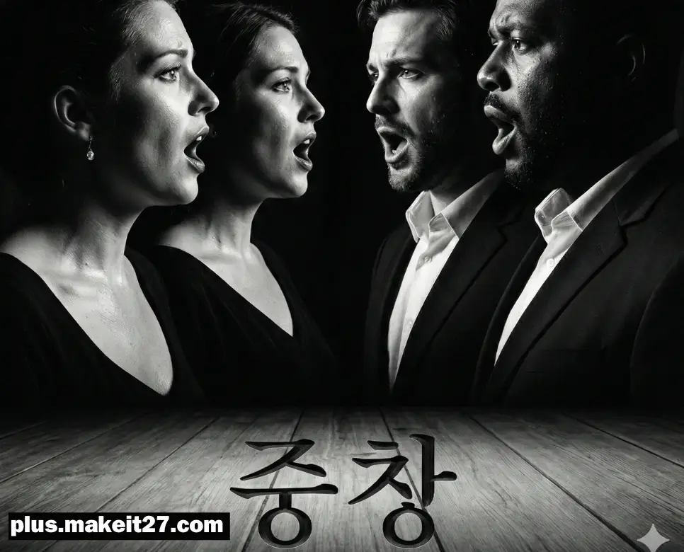 네 명의 성악가가 조화롭게 화음을 맞추는 강렬한 흑백 대비 사진과 하단에 품격 있게 새겨진 한글 중창 디자인