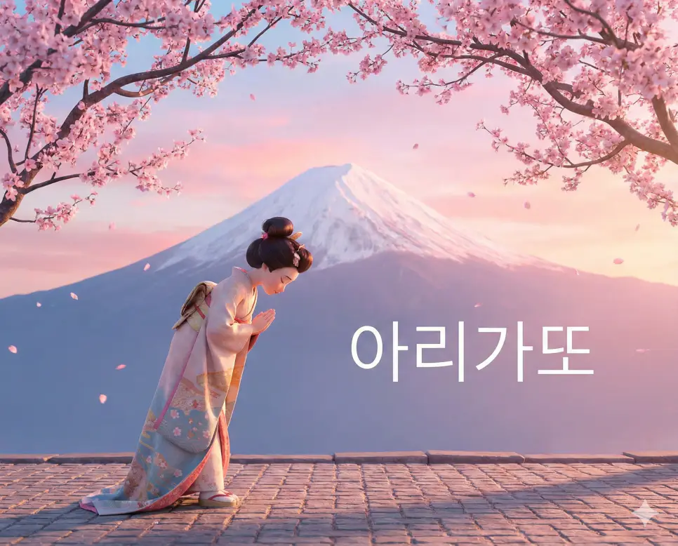 일본어로 정중한 감사를 뜻하는 아리가또 뜻과 일본의 아름다운 자연경관을 표현한 따뜻한 스타일의 이미지