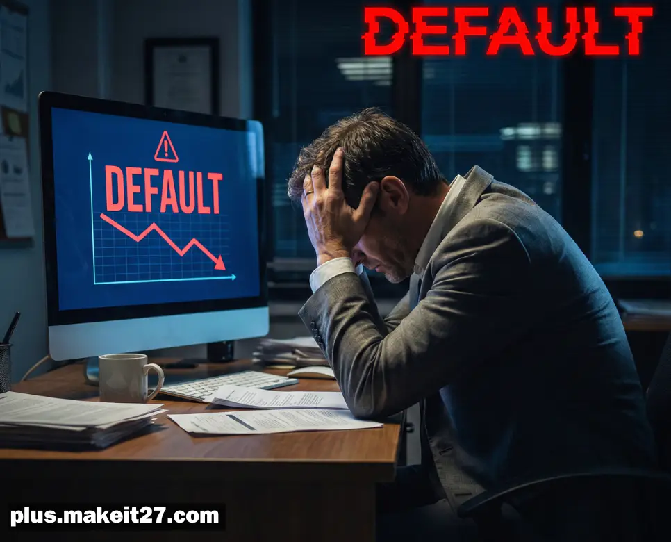 기업의 채무불이행 상태인 디폴트 위기에 처해 좌절하는 경영자와 하락하는 경제 그래프