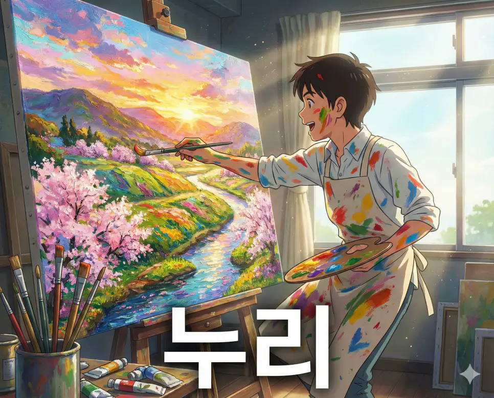 칠하기 혹은 바르기라는 의미가 담긴 누리 뜻이 담긴 캔버스에 색을 입히는 예술적인 순간을 표현한 애니메이션 스타일 이미지입니다.