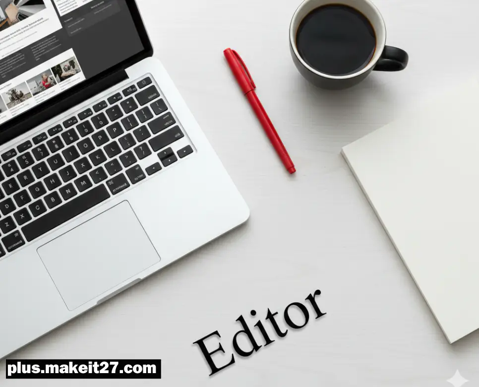 흩어진 정보를 정교하게 다듬어 가치를 창조하는 에디터의 작업 데스크와 깔끔한 영문 로고