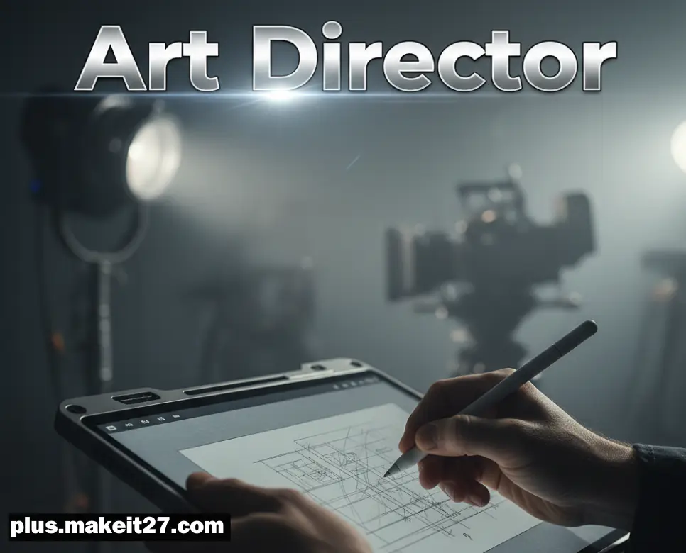 비주얼 리더십으로 프로젝트의 미학을 조율하는 아트 디렉터의 전문적인 모습과 세련된 영문 타이포그래피