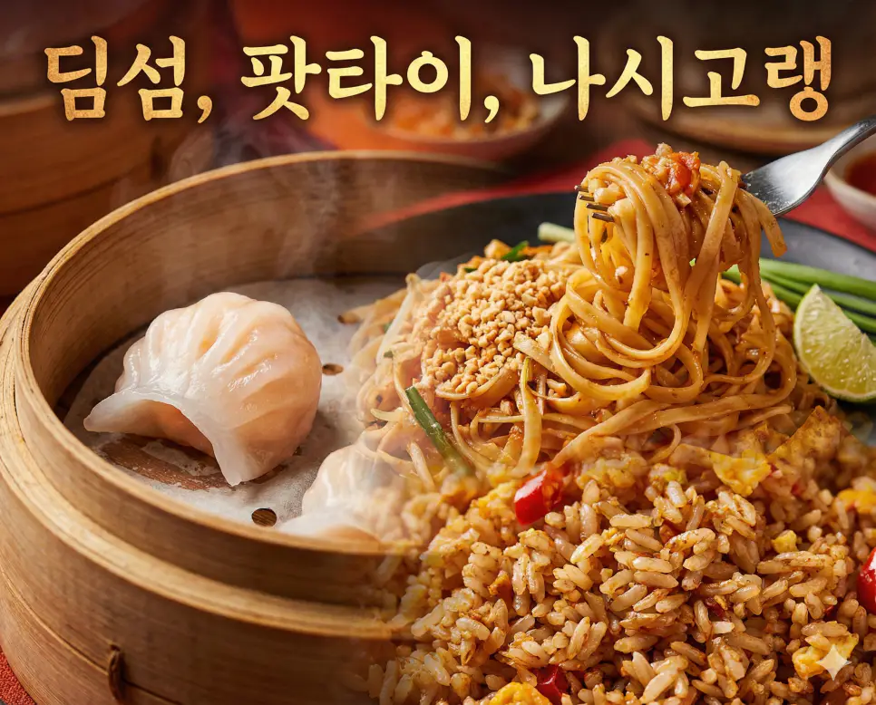 딤섬의 정교함, 팟타이의 다채로움, 나시고랭의 풍미를 한 장의 예술적인 프레임에 담아낸 아시아 미식 종합 이미지