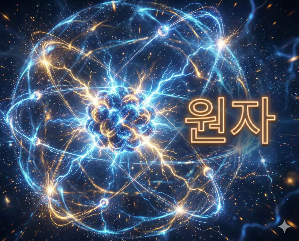 원자 뜻인 물질을 구성하는 기본적인 최소 단위와 그 내부 에너지를 시각화한 이미지