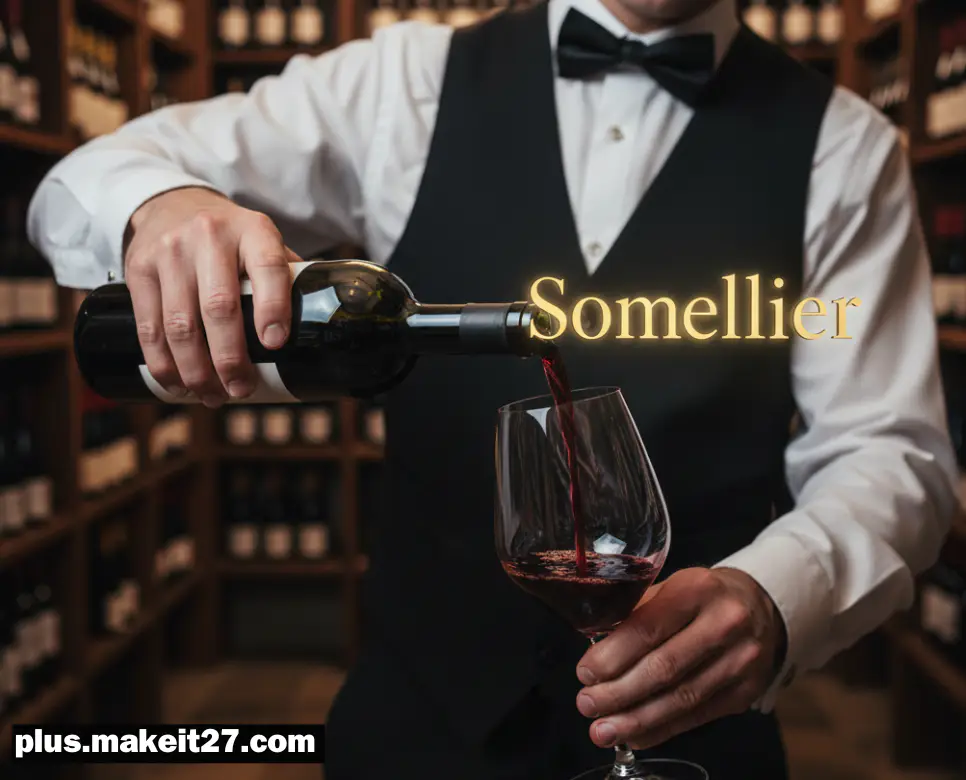 최상의 풍미와 조화를 제안하는 전문 소믈리에의 서비스 장면과 고급스러운 영문 로고