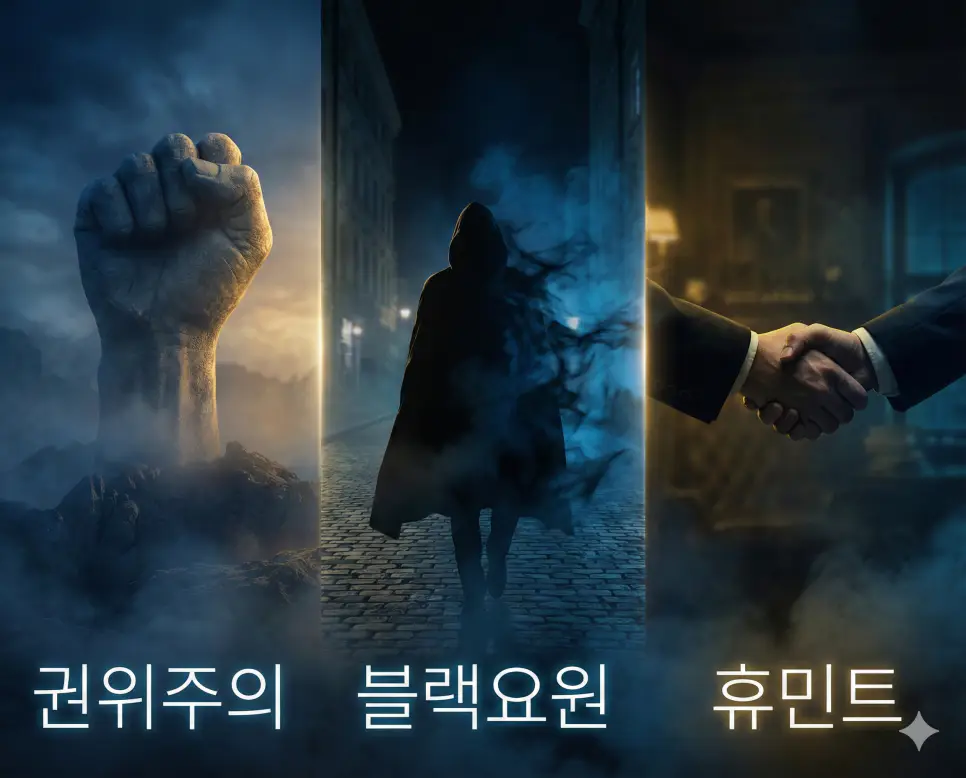 권위주의, 블랙요원, 휴민트의 개념을 첩보 영화 같은 분위기로 통합한 이미지