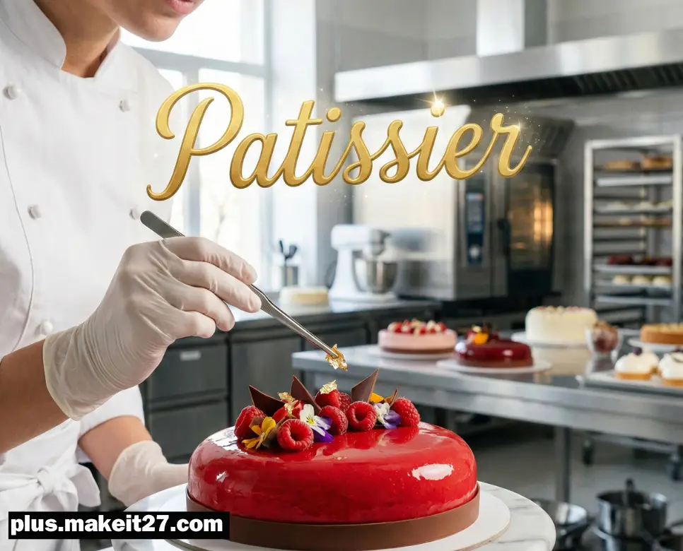 예술적인 디저트를 빚어내는 파티시에의 섬세한 작업 순간과 화려한 영문 디자인