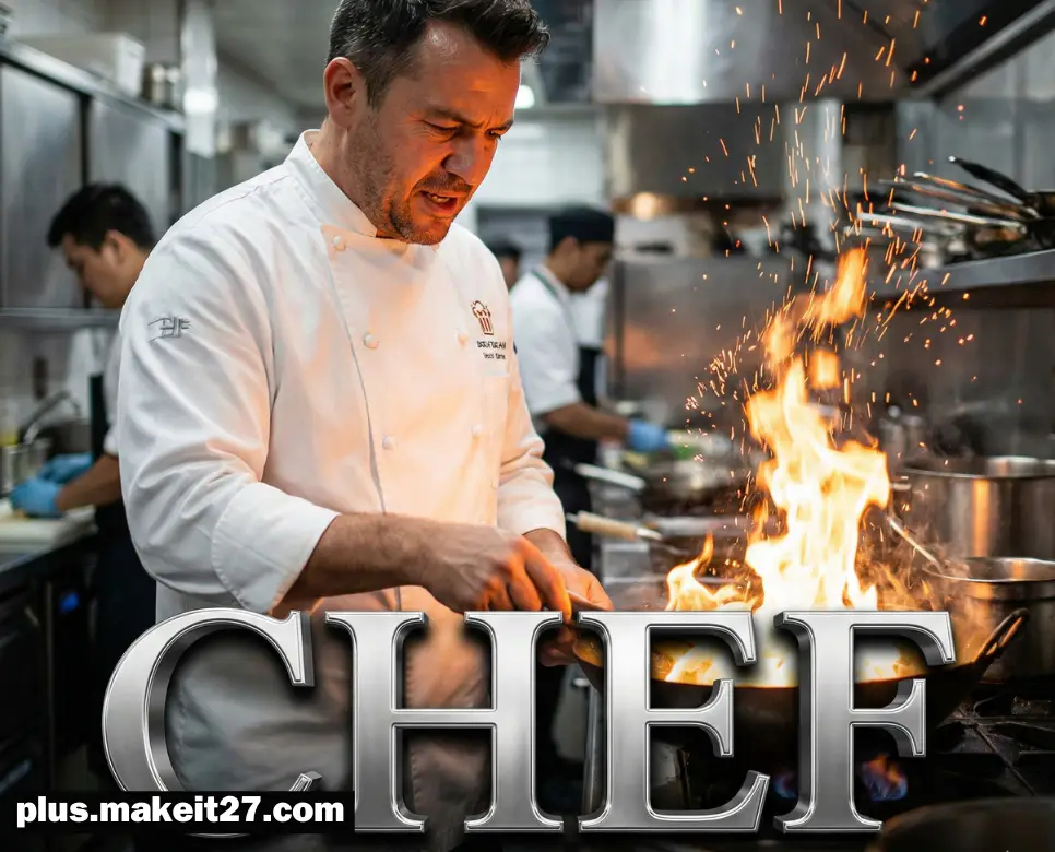 주방의 카리스마 리더로서 열정을 쏟는 셰프의 역동적인 모습과 강렬한 영문 로고