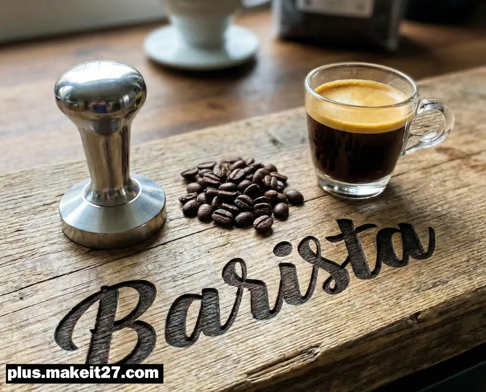 커피의 본질과 전문성을 상징하는 바리스타 작업 도구들과 고급스러운 영문 타이포그래피