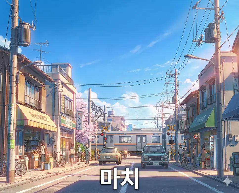 사람들이 모여 사는 동네나 거리를 의미하는 마치 뜻이 담긴 서정적이고 아름다운 일본 도시 풍경의 애니메이션 스타일 이미지입니다.
