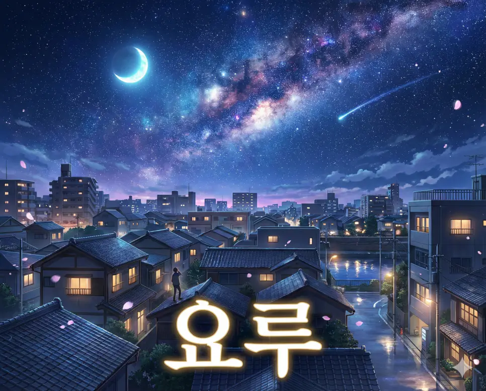 밤을 의미하며 낭만적이고 신비로운 분위기를 가진 요루 뜻을 표현한 고퀄리티 애니메이션 스틸컷 이미지입니다.