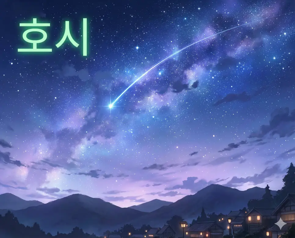 밤하늘에서 반짝이는 별을 의미하는 호시 뜻과 신비로운 밤의 정취가 잘 보여주는 세련된 애니메이션 스타일의 이미지입니다.