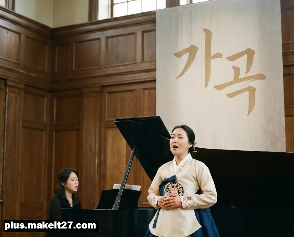 서정적인 선율을 노래하는 성악가와 부드러운 흘림체로 표현된 한글 가곡 타이포그래피