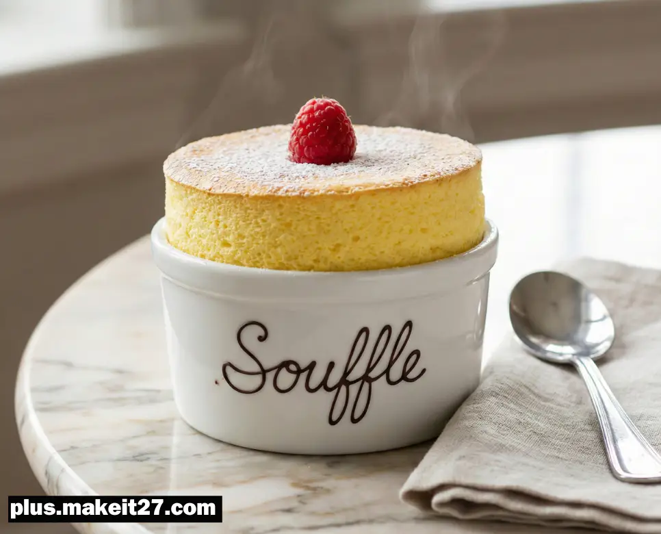 오븐에서 갓 나와 부드럽고 폭신한 식감이 느껴지는 수플레 디저트와 세련된 영문 로고