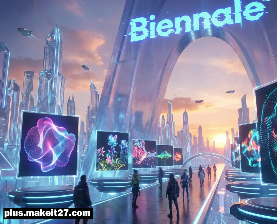 미래 도시에서 펼쳐지는 화려한 비엔날레 축제 장면과 사이버펑크 스타일의 영문 디자인