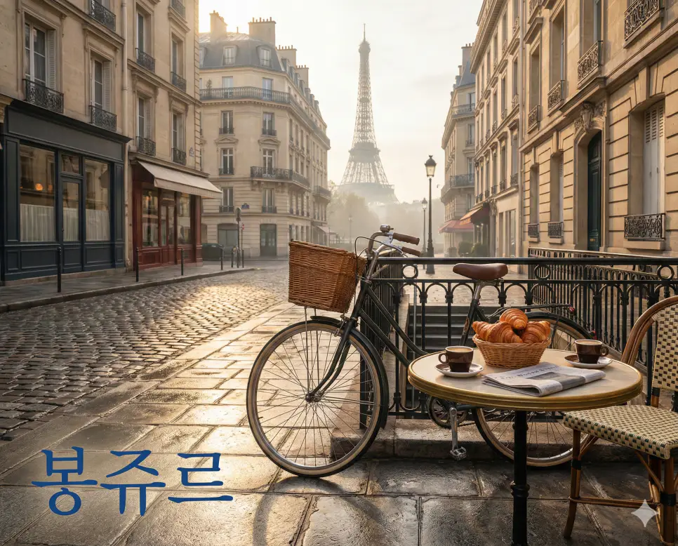파리 에펠탑이 보이는 아침 노천 카페의 여유로운 풍경을 통해 프랑스식 아침 인사 봉쥬르의 세련된 감성을 표현한 사진