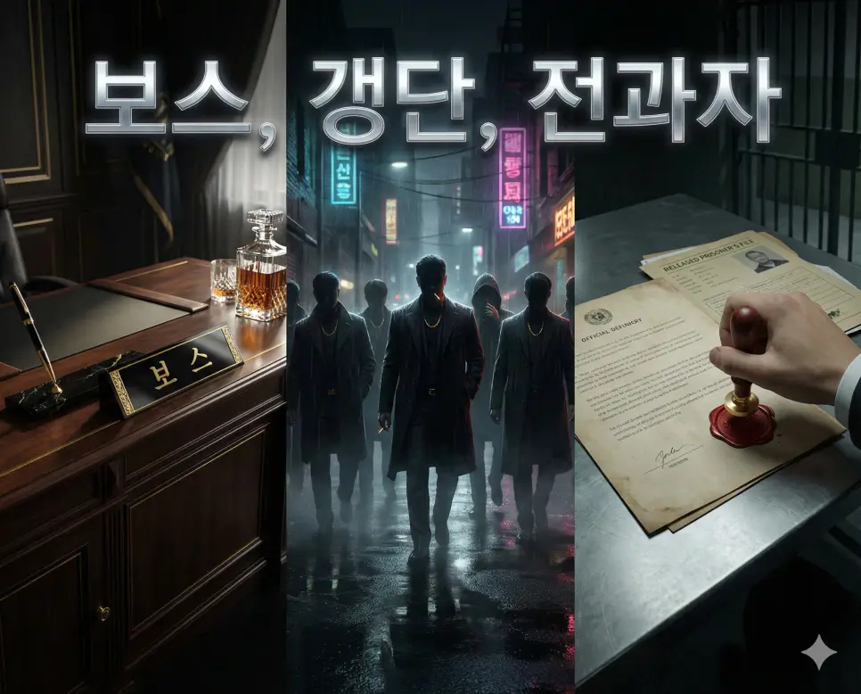 보스, 갱단, 전과자의 개념과 특징을 세련된 시각적 구도로 통합한 인물 종합 가이드 이미지