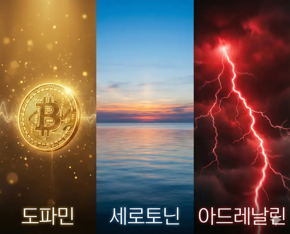 도파민의 보상, 세로토닌의 행복, 아드레날린의 긴장을 통합적으로 보여주는 호르몬 상징 이미지