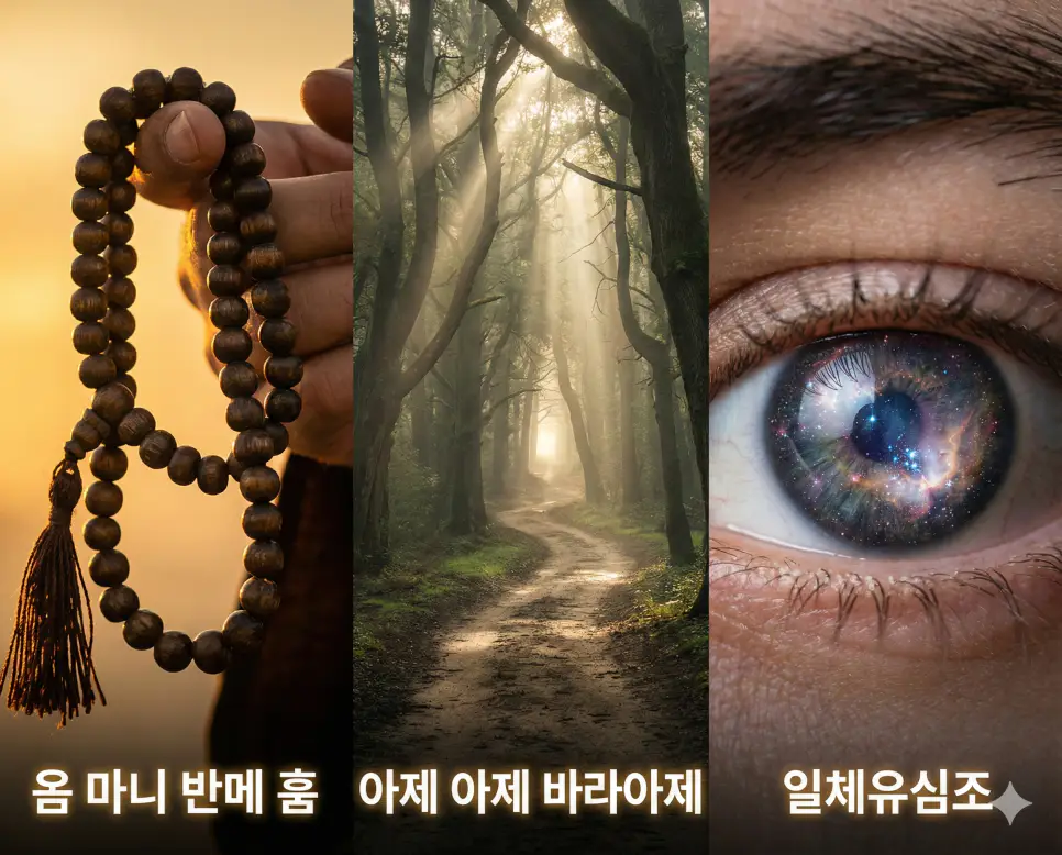 자비의 염주와 안개 낀 깨달음의 길, 그리고 별이 빛나는 우주를 담은 눈을 통해 불교의 신성한 주문과 마음의 진리를 입체적으로 보여주는 시각 자료