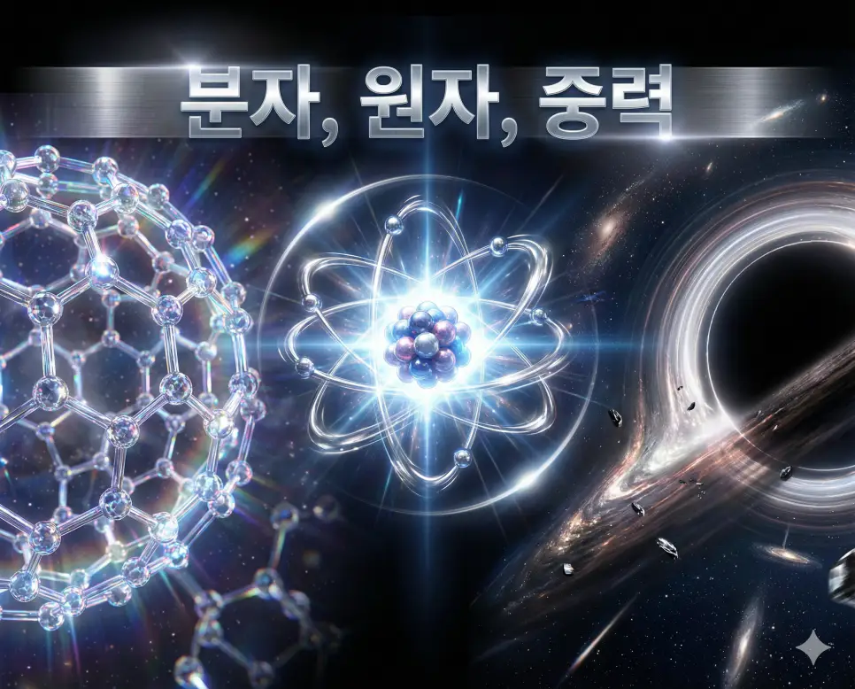분자, 원자, 중력의 개념과 상호작용을 세련된 구도로 통합한 기초 과학 종합 가이드 이미지