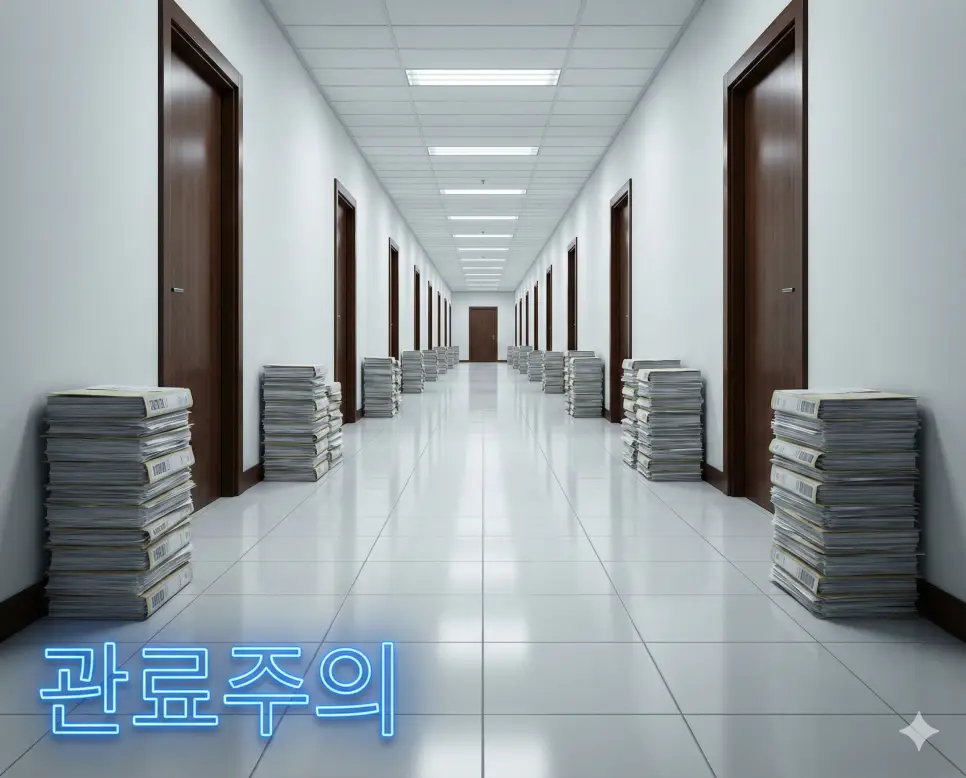 관료주의 뜻인 전문적인 관료들이 조직을 관리하며 형식과 절차를 중시하는 시스템을 상징적으로 표현한 이미지