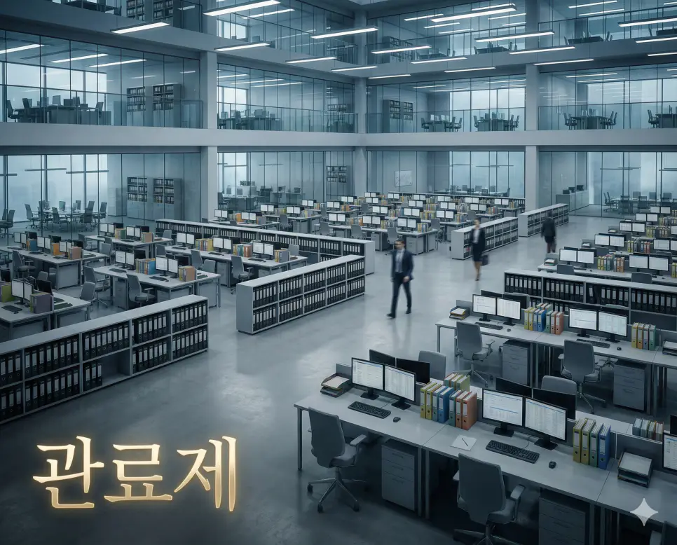 전문화된 관리들이 법규에 따라 대규모 업무를 효율적으로 처리하는 조직 형태인 관료제 이미지